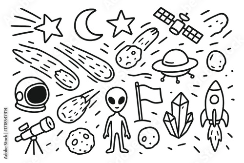 Space Objects Collide. Hand-drawn doodle illustration objects colliding in mid-air Star, Moon, Planet, Comet, Meteor, Satellite, Spaceship, Rocket, UFO,
