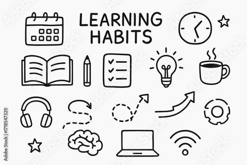 Learning Habits Doodle. Hand-drawn doodle illustration Learning habits [calendar, checklist, clock, open book, pencil, light bulb, cup of coffee, headphones,