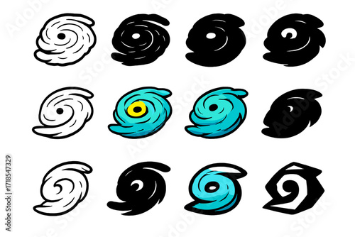 Hurricane Logo Collection. Set Logo of Severe Hurricanes: Satellite view storm cloud. Logo set in vector style, emblematic variations. line, bold thick line,