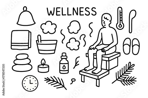 Sauna Essentials Doodle. Hand-drawn doodle illustration Wellness sauna, steam clouds, sauna bench, person sitting, towel, sauna hat, bucket, ladle,