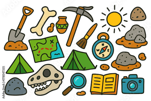 Archaeological Adventure Doodles. Colorful Hand-drawn doodle Children illustration Archaeological Site shovel, bone, artifact, pickaxe, brush, map, tent,