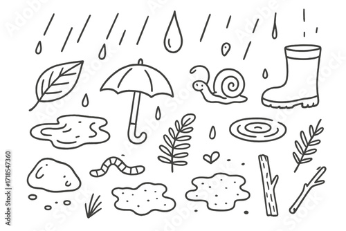 Rainy Forest Doodles. Hand-drawn doodle illustration [Rainy forest floor] [raindrop, puddle, leaf, umbrella mushroom, worm, wet stone, fern, boot, drip, snail,