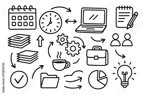 Office Choreography Doodles. Hand-drawn doodle illustration Workload choreography in the office [calendar, clock, laptop, notebook, pencil, document stack,