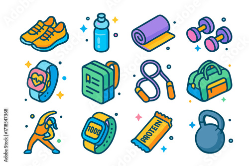 Fitness Icons Set. Colorful isometric vector icons set of Fitness day routine: running shoes, water bottle, yoga mat, dumbbells, heart rate monitor, workout