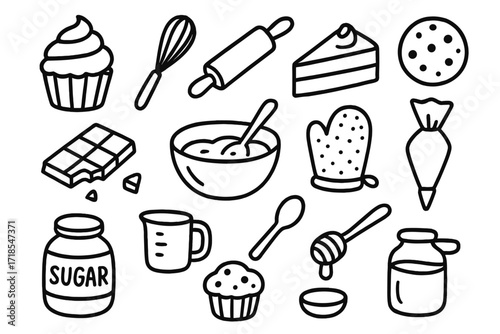 Baking Doodle Icons. Hand-drawn doodle illustration Desserts and baking innovations, cupcake, whisk, rolling pin, mixing bowl, chocolate bar, cake slice, oven