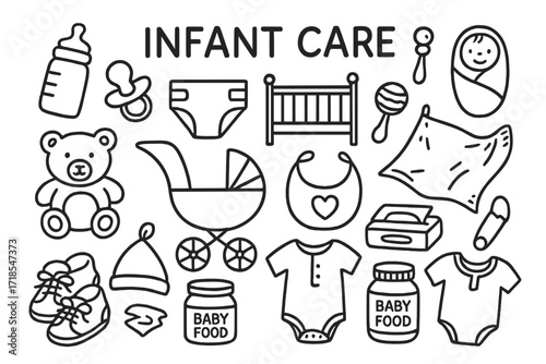 Infant Care Doodle. Hand-drawn doodle illustration Infant Care [baby bottle, pacifier, diaper, baby crib, rattle, baby blanket, teddy bear, stroller, bib, baby