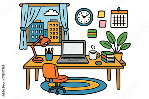 Colorful Home Office Scene. Colorful Hand-drawn doodle Children illustration Home Office in City Apartment desk, office chair, laptop, books, coffee cup, lamp,
