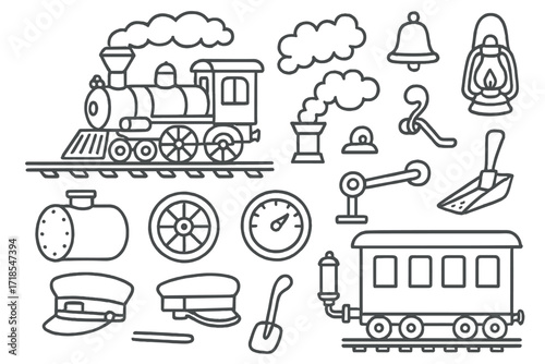Steam Locomotive Doodles. Hand-drawn doodle illustration Steam locomotives [train engine, rail track, smokestack, bell, lantern, cowcatcher, steam cloud,