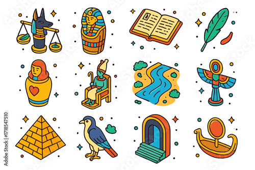 Ancient Egyptian Iconography. Colorful isometric vector icons set of ancient Egyptian afterlife: Anubis with scales, sarcophagus, Book of the Dead, feather of