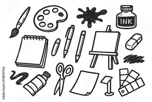 Art Supplies Doodle. Hand-drawn doodle illustration [creative brush marks] [paintbrush, palette, watercolor splash, ink bottle, pencil, pen, eraser,