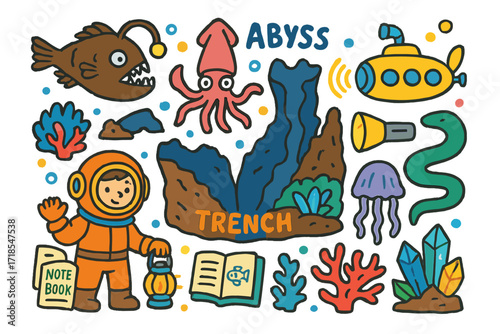 Deep Sea Adventure. Colorful Hand-drawn doodle Children illustration Deep Sea Wonders anglerfish, squid, abyss, submarine, sonar, flashlight, eel, trench,