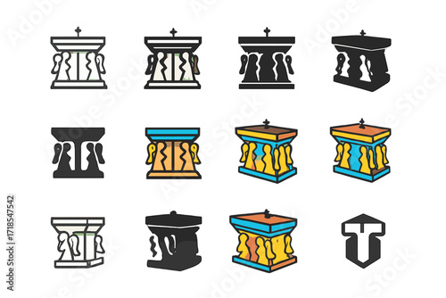Church Altar Logos. Set Logo of Church Altar: altar with angels carved. Logo set in vector style, emblematic variations. line, bold thick line, solid black