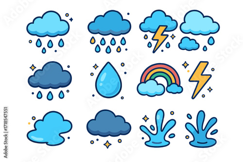 Colorful Rain Weather Icons. Colorful isometric vector icons set of rain weather elements: light drizzle, heavy rain, thunderstorm, scattered