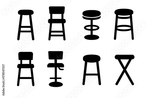 Bar Stool Icons. Solid, filled icon set of bar table seating: bar stools, high chairs, swivel stools, cushioned stools, backrest stools, footrest stools,