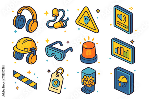 Factory Safety Icons. Colorful isometric vector icons set of factory safety and hearing protection: earmuffs, earplugs, noise exposure sign, sound danger level