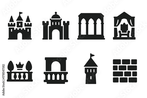 Royal Castles Icons. Solid, filled icon set of queen?s castles and palaces: royal castle, palace gate, grand hall, throne room, royal garden, balcony, turret,