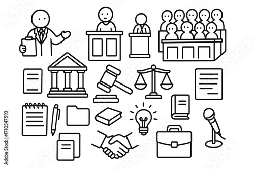 Law and Justice Icons. Hand-drawn doodle illustration Jury and testimony preparation lawyer figure, witness stand, jury box, courthouse, gavel, balance scale,