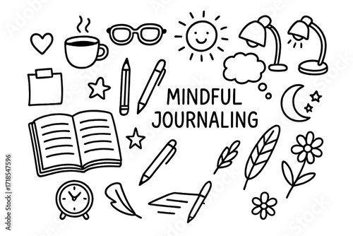 Mindful Journaling Icons. Hand-drawn doodle illustration Mindful journaling [open notebook, pen, pencil, coffee cup, glasses, sticky notes, heart, star,