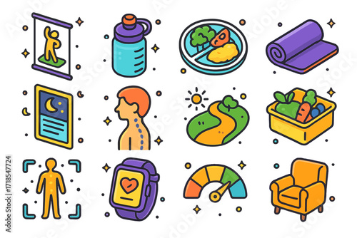 Wellness Icons Grid. Colorful isometric vector icons set of body wellness habits: stretching poster, hydration tracker bottle, balanced meal plate, fitness