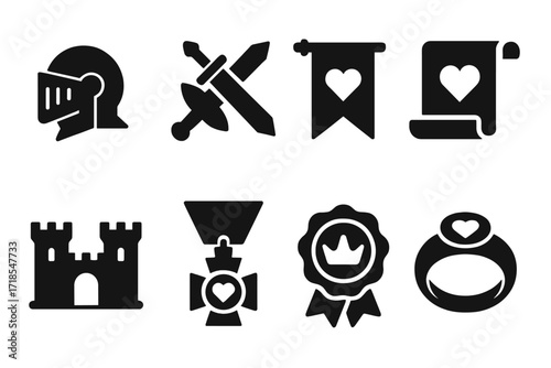 Knight Loyalty Icons. Solid, filled icon set of royal and knightly loyalty: knight helmet, sword and shield, loyalty banner, scroll oath, castle, knight?s