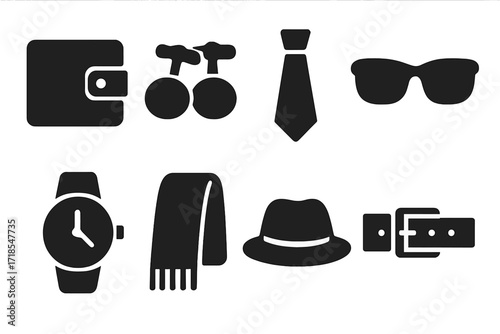Luxury Accessory Icons. Solid, filled icon set of luxury fashion accessories: leather wallet, cufflinks, silk tie, designer sunglasses, watch, scarf, hat,