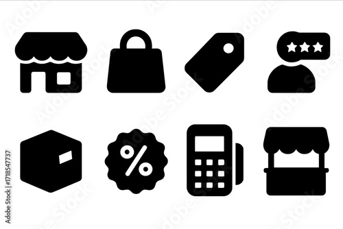 Marketplace Icon Set. Solid, filled icon set of marketplace platforms: storefront, shopping bag, price tag, customer review, delivery box, discount sticker,
