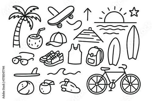 Beachside Skater Doodle. Hand-drawn doodle illustration Beachside skateboarding palm tree, skateboard, boardwalk, sun setting, waves, coconut icon, cap, tank