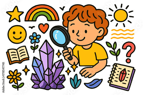 Child Explores Crystals. Colorful Hand-drawn doodle Children illustration Child Exploring Crystals gem, magnifying glass, happy face, rainbow, crystal cluster,