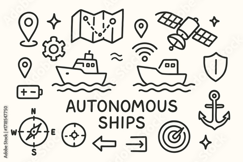 Autonomous Ship Doodle. Hand-drawn doodle illustration Autonomous ships [ship, wave, gps pin, wifi symbol, radar, gear, battery, arrow, sparkle, star, map,