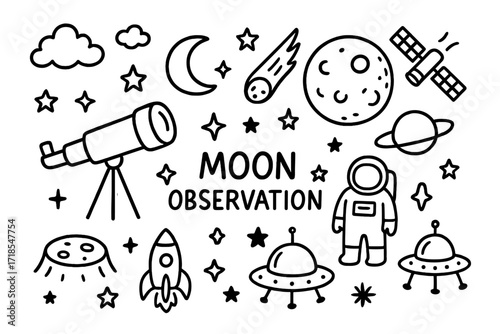 Celestial Exploration Doodles. Hand-drawn doodle illustration Moon observation, telescope, moon, stars, clouds, satellite, comet, planet, crescent moon, full