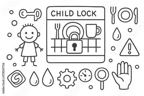 Dishwasher Child Lock Doodle. Hand-drawn doodle illustration Child lock on dishwasher dishwasher door, lock symbol, child figure, key, plate, cup, spoon, fork,