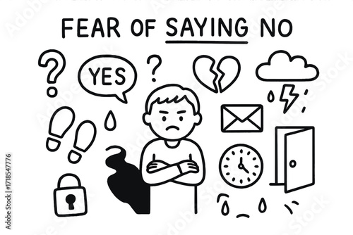 Fearful Doodle Symbols. Hand-drawn doodle illustration Fear of saying no Person, speech bubble, question mark, broken heart, shadow, crossed arms, envelope,