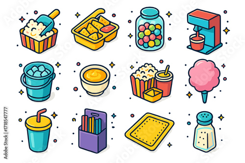 Colorful Snack Icons. Colorful isometric vector icons set of movie snack station: popcorn scoop, nacho tray, candy jar, soda fountain, ice bucket, caramel
