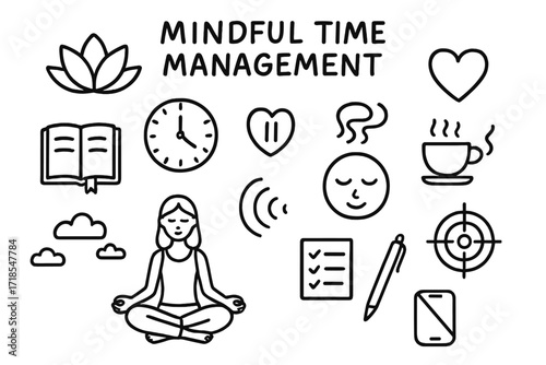 Mindful Time Management Icons. Hand-drawn doodle illustration [Mindful time management] [lotus flower, clock, heart, pause button, journal, breathing icon,