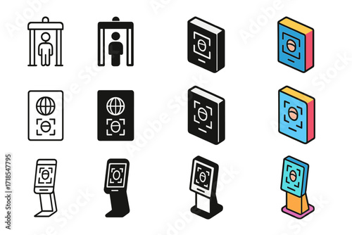 Travel Security Icons. Icon Set of Airport & Travel Security: Boarding gate scanner, Passport with face ID, Kiosk recognition. Icons set in vector style,