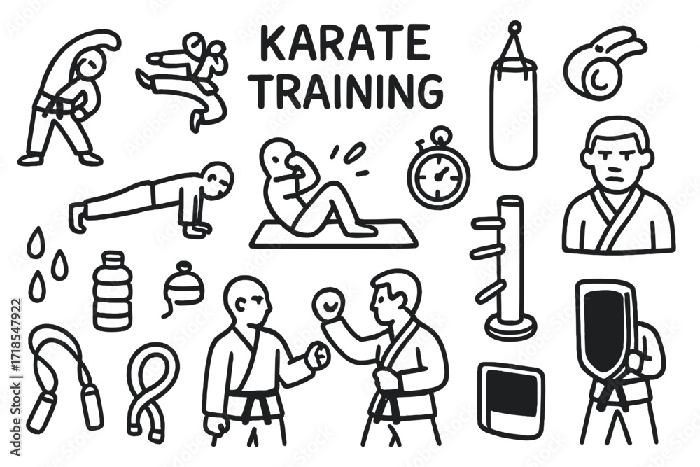 Fototapeta premium Karate Training Doodle. Hand-drawn doodle illustration Karate Training [stretching pose, jumping kick, push-ups, sit-ups, punching bag, wooden dummy, whistle,