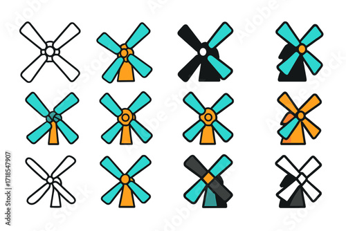 Fresh Breeze Logo Variations. Set Logo of Fresh Breeze: Windmill blades. Logo set in vector style, emblematic variations. line, bold thick line, solid black