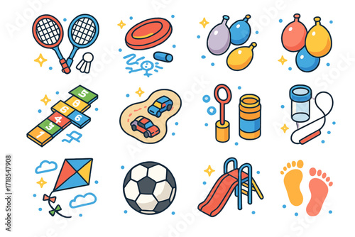 Isometric Outdoor Game Icons. Colorful isometric vector icons set of outdoor sibling games: badminton rackets, frisbee, chalk drawings, hopscotch grid, water