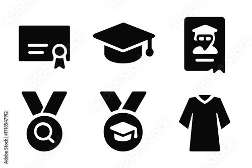 Academic Achievement Icons. Solid, filled icon set of academic ranks: diploma, graduation cap, professor badge, thesis document, research award, scholar medal,