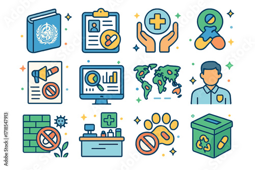 Global Antibiotic Icons. Colorful isometric vector icons set of global antibiotic impact and regulation: WHO guidelines book, prescription regulation form,