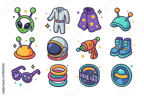 Space Party Icons. Colorful isometric vector icons set of space-themed party guests: alien headband, silver jumpsuit, jetpack prop, starry cape, antenna hat,
