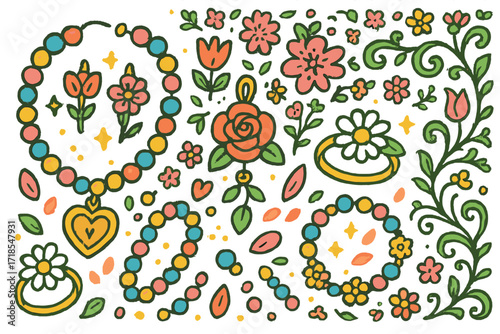 Floral Jewelry Doodle. Colorful Hand-drawn doodle Children illustration Floral Jewelry necklace, earrings, rose pendant, bracelet, daisy ring, charm, beads,