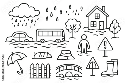 Urban Flooding Doodles. Hand-drawn doodle illustration Urban flooding street, car, bus, house, rising water, raindrop, cloud, boot, umbrella, sandbag, tree,