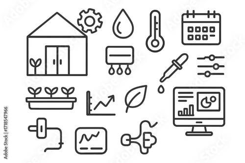 Greenhouse Automation Doodles. Hand-drawn doodle illustration Greenhouse automation greenhouse, gear, humidity icon, temperature gauge, water sensor, plant