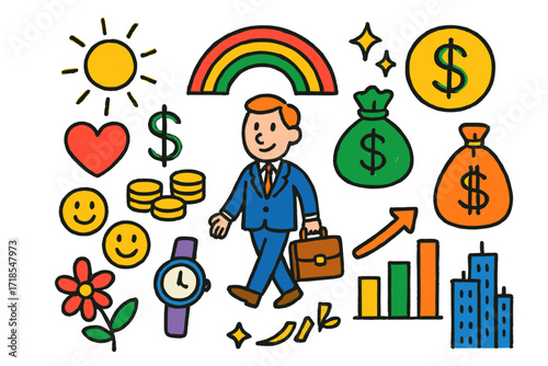Childlike Money Ambition. Colorful Hand-drawn doodle Children illustration Money and Ambition businessman, briefcase, coins, money bag, dollar sign, rainbow,