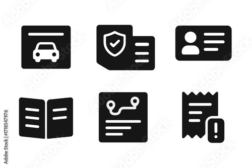 Driver Documents Icons. Solid, filled icon set of driver documentation: registration, insurance card, license, inspection sticker, logbook, route sheet,