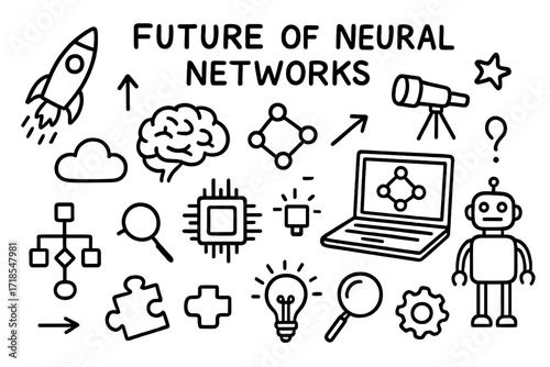 Neural Network Doodle. Hand-drawn doodle illustration Future of neural networks [rocket, brain, nodes, arrows, laptop, chip, cloud, robot, star, telescope,