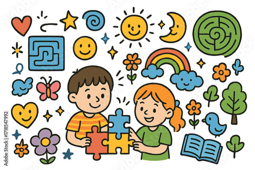 Joyful Problem Solving. Colorful Hand-drawn doodle Children illustration Problem Solving Together puzzle pieces, maze, rainbow, star, sun, moon, heart, smiling