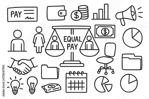 Equal Pay Concepts. Hand-drawn doodle illustration equal pay balance scale, man icon, woman icon, paycheck, wallet, coin stack, dollar bill, bar graph, pie