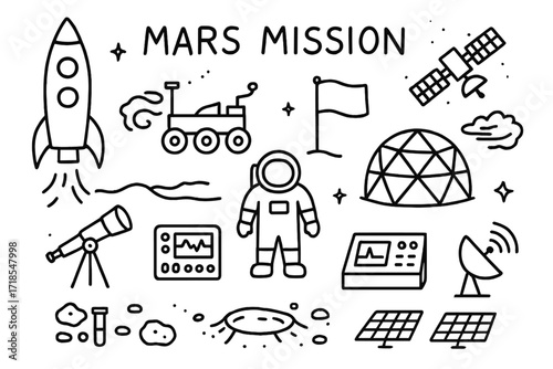 Mars Mission Illustrations. Mars mission. Hand-drawn doodle illustration Mars mission rocket, rover, Mars landscape, astronaut, flag, habitat dome, satellite,